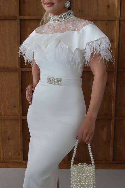 asrinstil Boğazı taşlı dantel ve otriş detaylı midi elbise