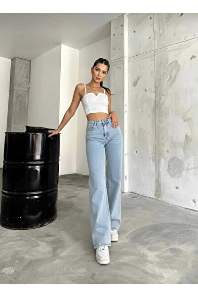 NWC Goofy Buz Mavi Likralı Süper Yüksek Bel Salaş Paça Denim Palazzo Pantolon