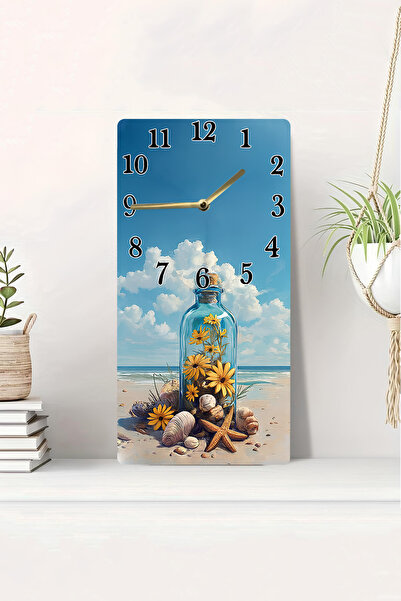 kutuTR 3D Looking Sailboat Sea and Flower Themed 2D Uv Printing on Glass Bottle Mdf Painting Clock 20X40 Cm-Dts039