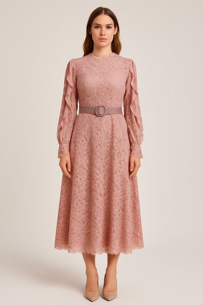 sweetyar Kuşaklı Fırfır Kol Dantel Kumaş Kadın Midi Elbise – Özel Gün & Davet