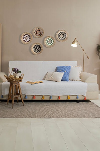 Lux Touch Magnolia Sırtı Örten Ekru Renkli Püsküllü 170x 205 cm Koltuk Örtüsü - Premium, Dokulu, Leke Tutmaz