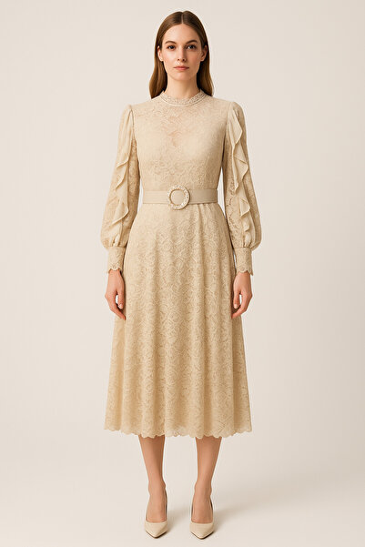 sweetyar Kuşaklı Fırfır Kol Dantel Kumaş Kadın Midi Elbise – Özel Gün & Davet