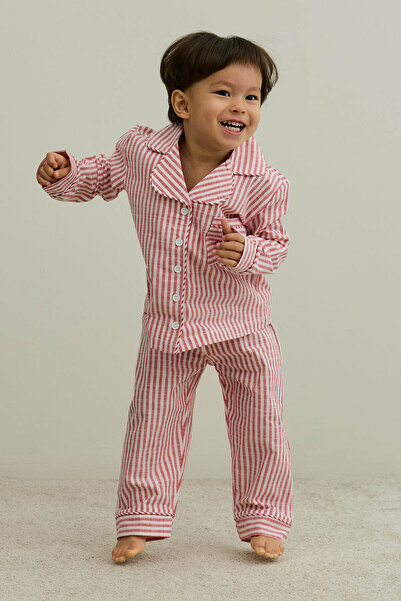 Fahhar Kids Striped Cotton Pajama Set Red