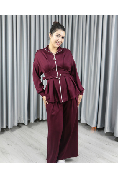 Femella Women Fashion Set modal cu fermoar și detaliu curea - M - visiniu