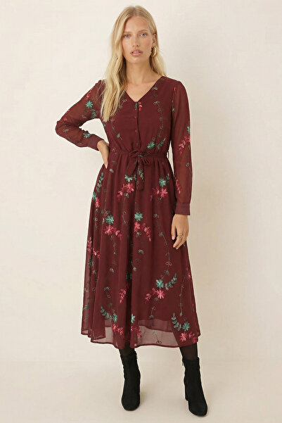 armonika Women's Burgundy V-Neck Belted Lined Chiffon Midi Length Dress Arm-26K001042