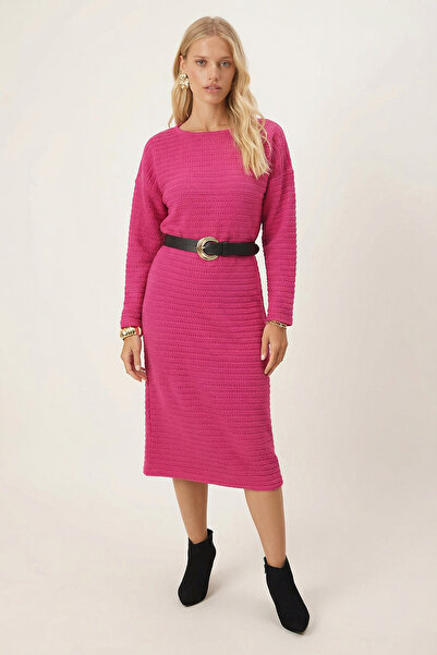armonika Women's Fuchsia Long Sleeve Soft Textured Loose Dress Arm-26K001078