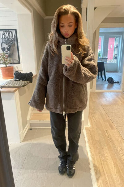 Hola Lady Bitter Brown Plush Coat with Mock Neck Pockets Hl0208