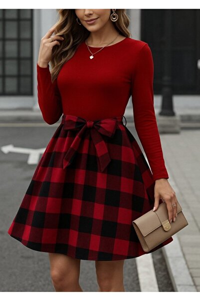 Zerenyus فستان نسائي قصير بأكمام طويلة وياقة دائرية من الفسكوز من الأسفل