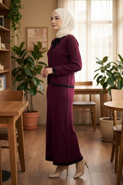 Kirazgym Modest Clothing Lace-Up Striped Detailed Buttoned Skirt and Cardigan Knitwear Set