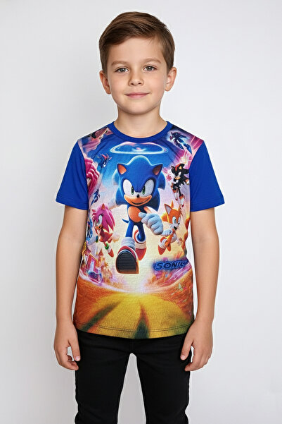 Vaxy Style Erkek Çocuk Bisiklet Yaka Relax Fit Pamuklu Sonic The Hedgehog Bas...