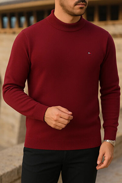 comstar Men's Slim Fit Half Turtleneck Burgundy Sweater