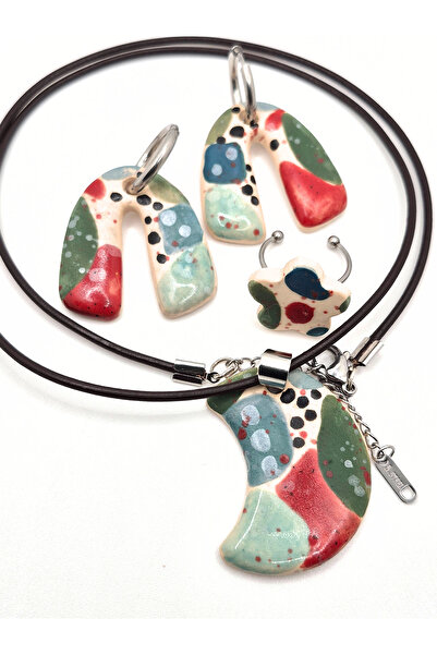 Pialuna Çok Renkli, El Yapımı, Tasarım, Seramik Küpe, Kolye ve Yüzük Set