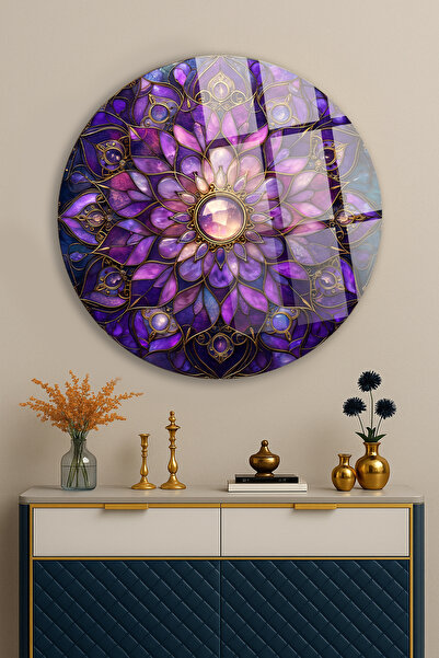 TAULART MARCĂ DE TABLA DE STICLA DE LUX, NEDEȘTERITĂ, CIRCULARĂ, CU MODEL DE VITRĂ MANDALA PURPLE AMETHYST