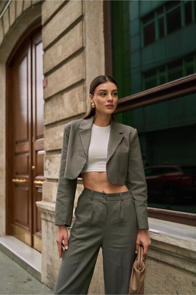 YOUR NAME Double-Breasted Collar Linen Khaki Women's Crop Jacket