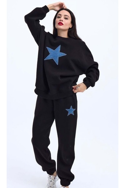 ibeeka Μαύρο Χρώμα Αστέρι Λεπτομέρεια 3Νήματα Σετ Φόρμας επένδυση fleece O ov...