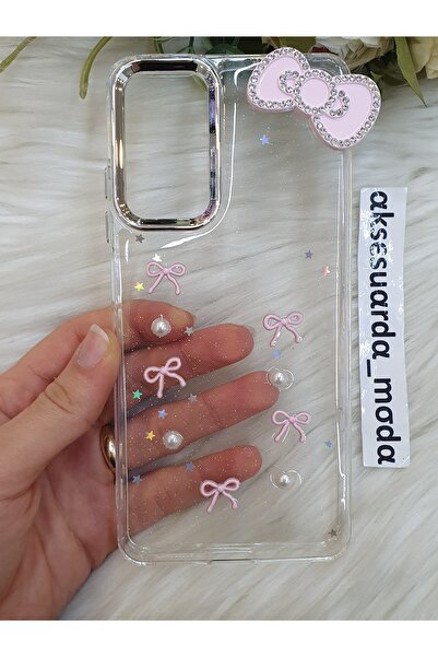 ZB Aksesuarda Moda جراب شفاف لامع متوافق مع هاتف Xiaomi Redmi Note 12 PRO 4G مع تفاصيل فيونكة وردية