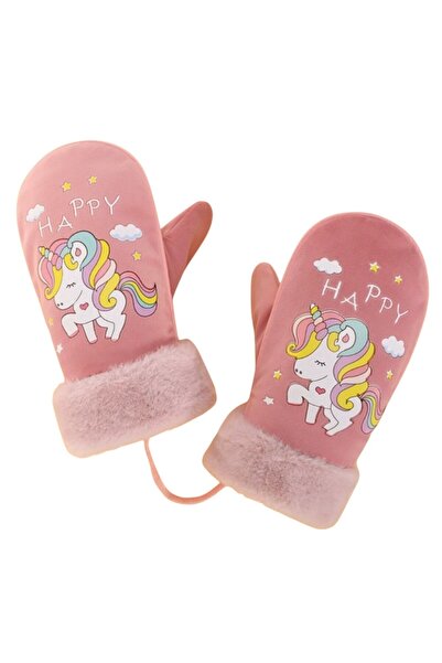 Petityu Sıcacık Tutan Eldiven Kadifemsi Pembe İçi Kürklü Unicorn Happy Kız Çocuk