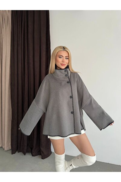 ParlaMira Women's Smoked Oversized Premium Cashmere High Collar Piped Button Jacket