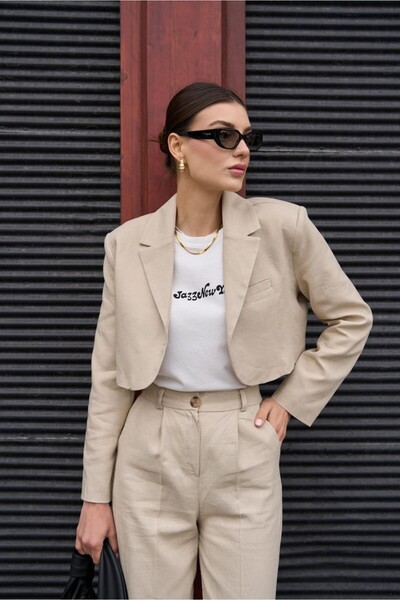 YOUR NAME Double-Breasted Collar Linen Beige Women's Crop Jacket