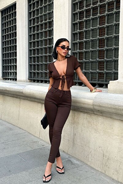 HLT JEANS بنطلون جينز نسائي بني فائق النحافة ومرن قماش قابل للتمدد بخصر عالٍ ...