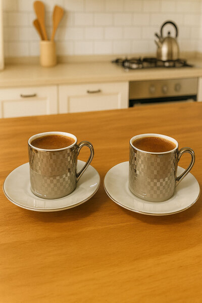 SİHİRLİ AYAKLAR Set of 2 Silver Gilded Checkered Pattern Porcelain Coffee Cups Coffee Cup Set with Gift Box 100 ml