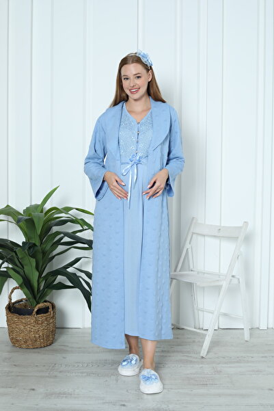 ERDENİZ TEKSTİL Konforlu Hamile Lohusa Gecelik Sabahlık Takımı Emzirme Özelli...