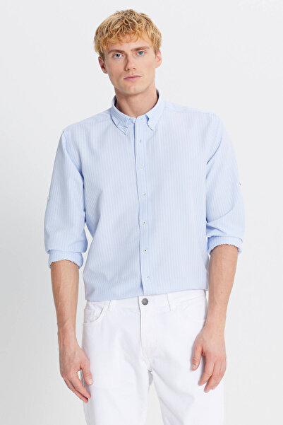 ALTINYILDIZ CLASSICS Men's Light Blue Tailored Slim Fit Slim Fit Button Collar Seersucker Pattern Shirt