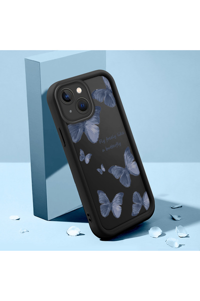 ucuc iPhone 15 Uyumlu Siyah Silikon Kelebek Desen Darbe Koruma Kılıfı