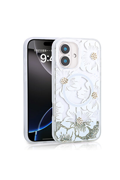 zore حافظة آيفون 16 سائلة لامعة مطبوع ذات سطح خلفي شفاف من السيليكون TCMK Mos...