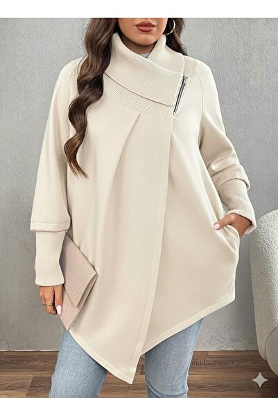 Afri Ecru Women's Asymmetrical Cut 3 Thread Ş Fleece-Lined Sweat Jacket – Zippered Collar, Pockets, Oversize