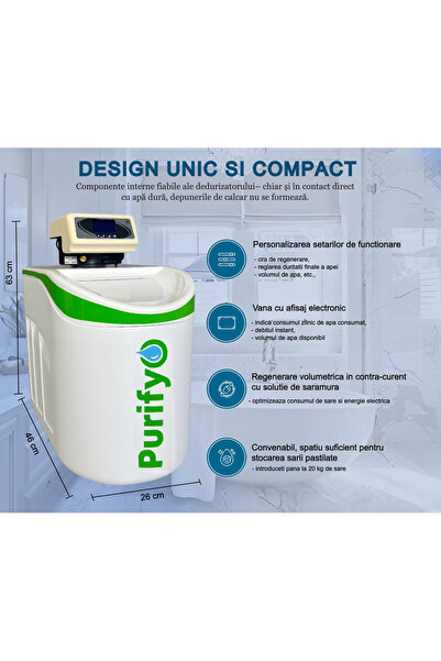 Purifyo Dedurizator apă 11 L, 1–4 pers, afișaj electronic, regenerare volumetrică, filtru și tester inclus