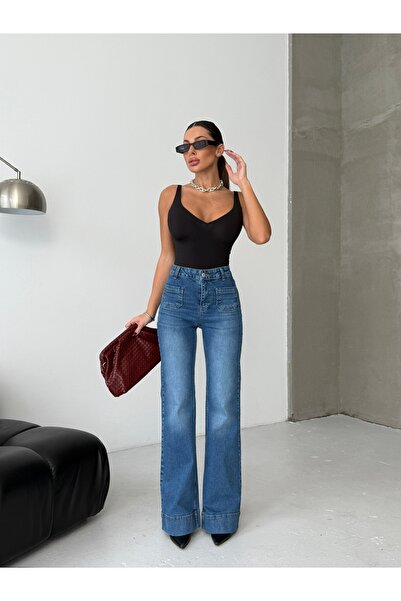 HerTon Yüksek Bel Açık Mavi Geniş Paça Manşet Detaylı Denim Kadın Pantolon