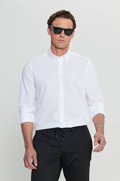 ALTINYILDIZ CLASSICS Men's White 100% Cotton Flared Slim Fit Slim Fit Dobby Button down Collar Shirt