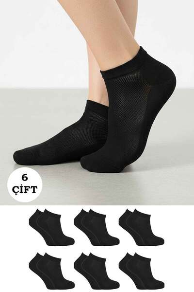 CLEWEAR Kadın Siyah Patik Pamuklu Pirinç Örgülü Çorap 6'lı Paket