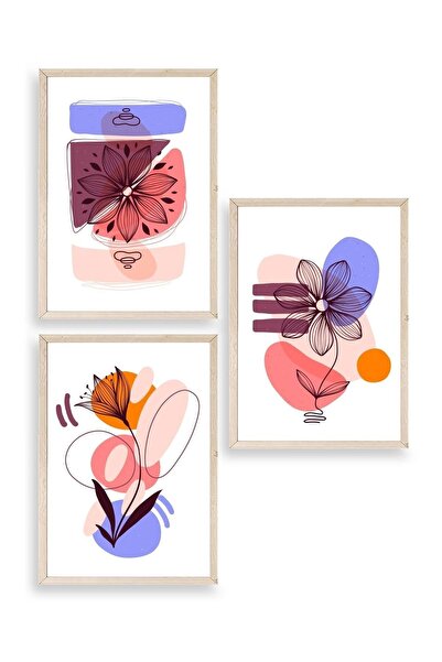 CT STONES Floral Patterned Triple Wooden Framed Painting