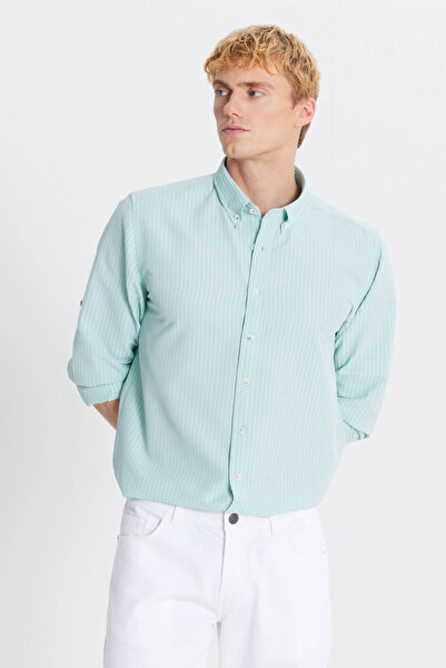 ALTINYILDIZ CLASSICS Men's Mint Tailored Slim Fit Slim Fit Button down Collar Seersucker Shirt
