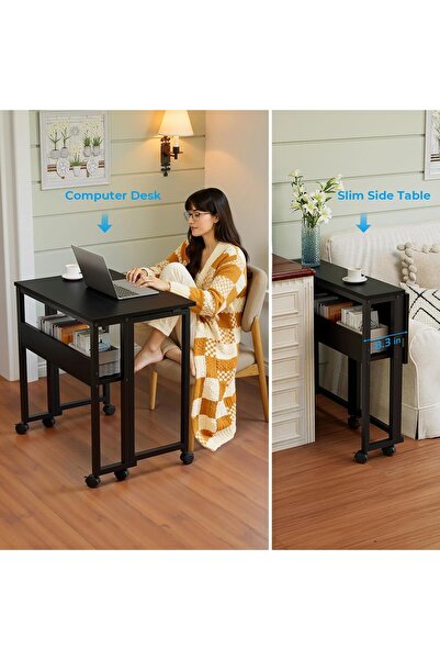 AYZ Sidney Kitaplık Raflı Katlanır Masa 70cm Tekerli Bilgisayar Masası Laptop Masası Siyah