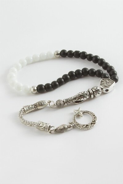 makay سبحة حجر طبيعي أونيكس أبيض وأسود غير لامع 6 مم