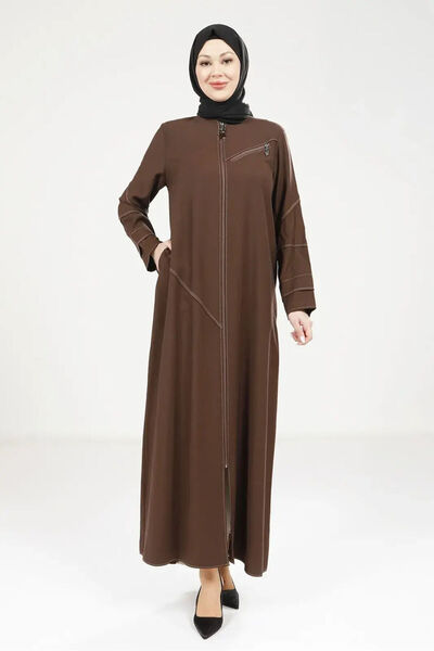 Beyza Kahve Kot Fermuarlı Yuvarlak Yaka Spor Tesettür Ferace 9200-25