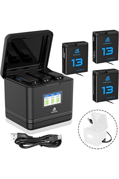 Homesuit AHDBT-901 3x Baterii 2300mAh + Încărcător LCD cu 3 canale pentru GoPro Hero 13 Negru