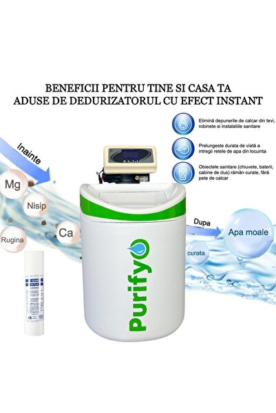 Purifyo Dedurizator apă 11 L, 1–4 pers, afișaj electronic, regenerare volumetrică, filtru și tester inclus