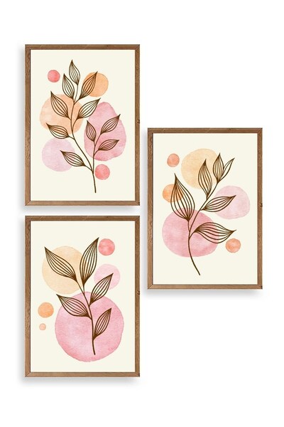 CT STONES Floral Patterned Triple Wooden Framed Painting