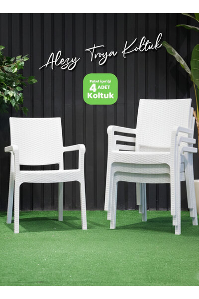 Alezy Troy Rattan Desenli Koltuk Kollu Balkon Bahçe Koltuğu 4'lü Set