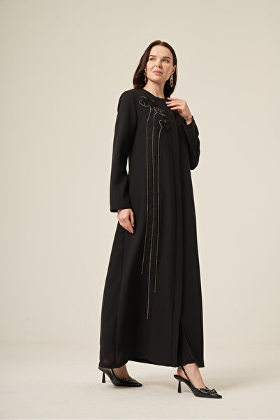 derin store Siyah Taşlı Su Yolu Çiçek Desenli Gizli Fermuarlı Ferace 6173-25 Siyah