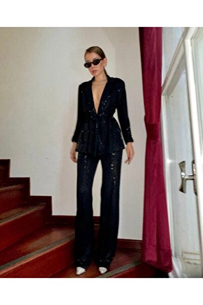 OEM Kadın Işıltılı Payetli Ceket & Pantolon Takım – Siyah
