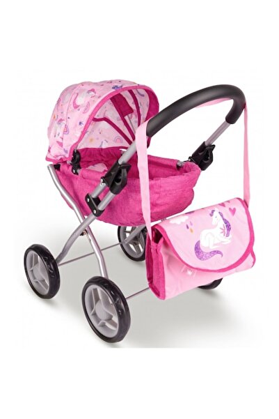 MalPlay Cărucior pliabil pentru păpuși cu unicorn roz, cu landou și geantă de umăr, 58 x 35,5 x 57 cm