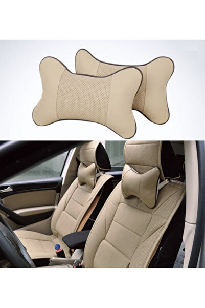 OEM Set of 2 Car headrest pillow, for neck support, leather, 24cm x 14 cm, ecological, Beige