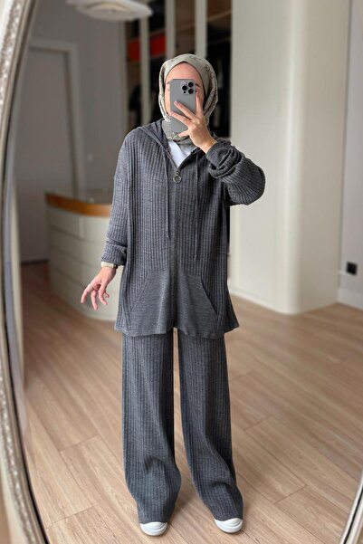 Ka Hijab Hooded Corded Fabric Knitwear Set - Anthracite
