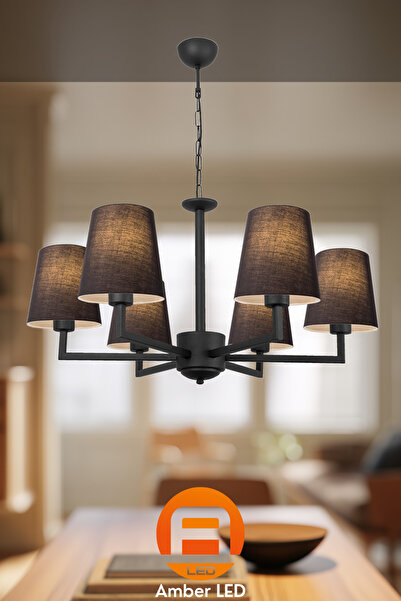 AmberLED Modern Abajur Başlıklı 6'lı Avize Siyah Metal Gövde ile Salon ve Mutfak İçin
