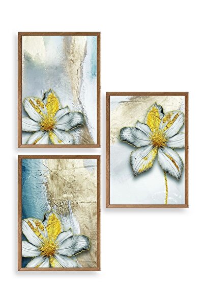 CT STONES Floral Patterned Triple Wooden Framed Painting